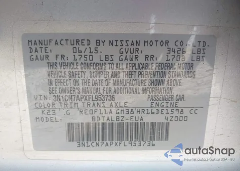 2015 Nissan Versa 1.6 Sv from USA, damaged, VIN 3N1CN7APXFL953736
